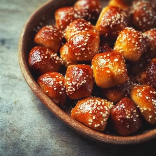 Freshly baked pretzel bites served with dipping sauce.