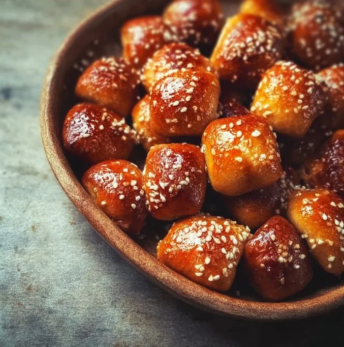 Freshly baked pretzel bites served with dipping sauce.