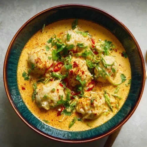 Quick coconut curry soup with dumplings served in a bowl