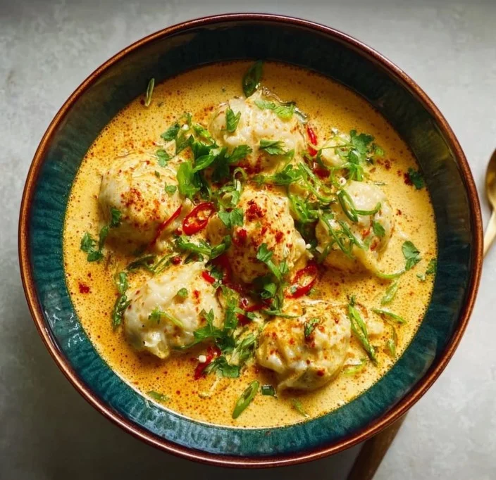 Quick coconut curry soup with dumplings served in a bowl