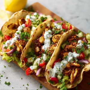 Quick Mediterranean chicken tacos with fresh ingredients in a colorful presentation