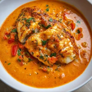 Fillet of tilapia in a roasted pepper sauce served on a plate.
