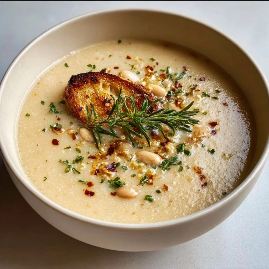 1735855500050-b33rq64b Bowl of roasted garlic and white bean soup garnished with herbs