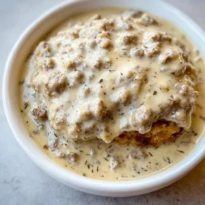 Delicious sausage gravy served over warm biscuits for a hearty breakfast.