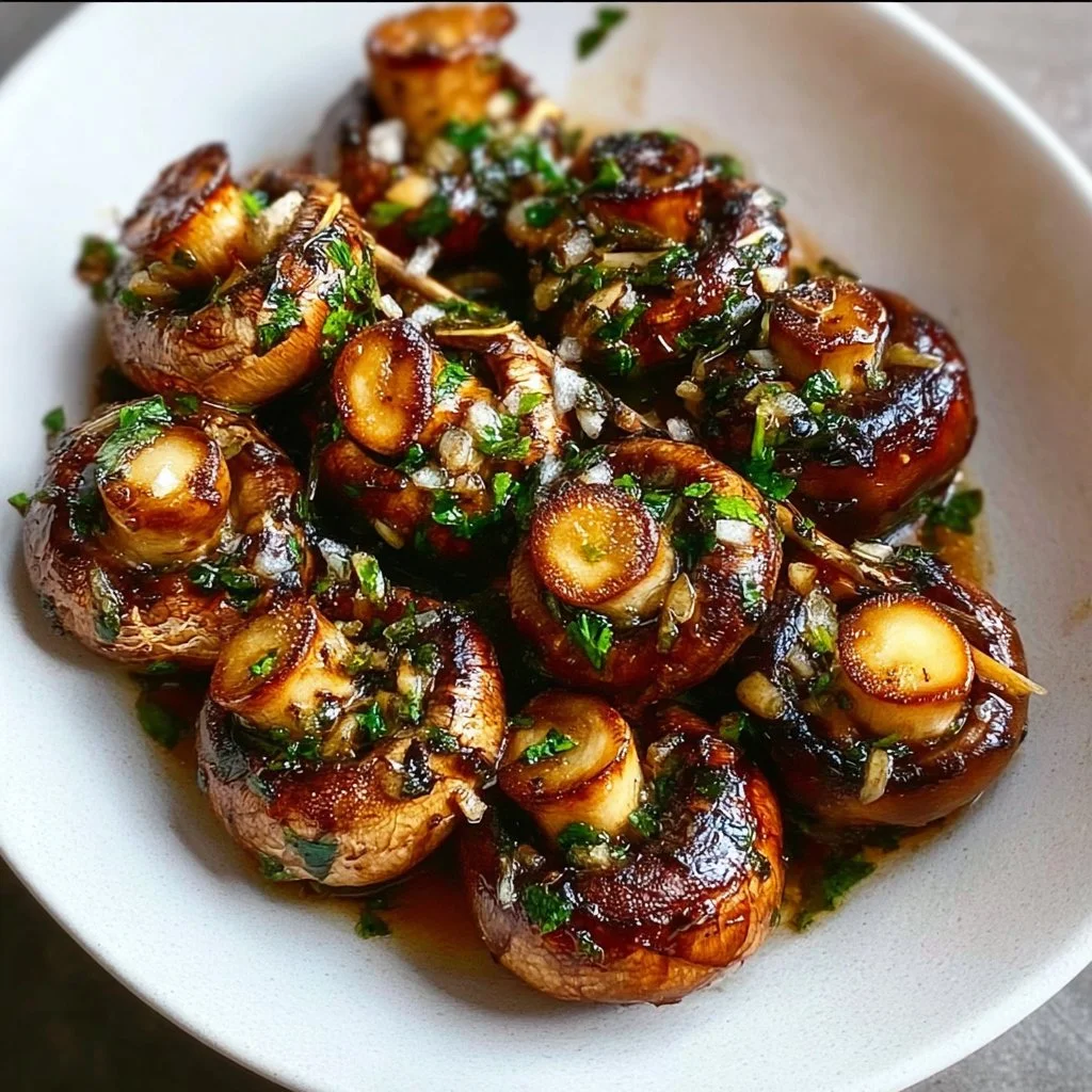 Delicious sautéed grilled garlic mushrooms served on a plate.