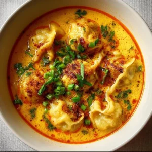 Bowl of simple coconut curry soup with dumplings garnished with herbs