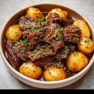 Slow Cooker Garlic Butter Beef served with flavorful potatoes