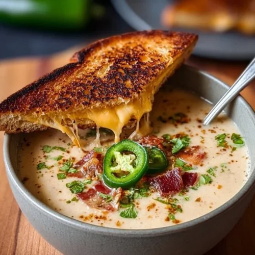 Bowl of spicy jalapeño popper soup with grilled cheese dippers on the side