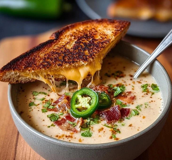 1735855500050-b33rq64b Bowl of spicy jalapeño popper soup with grilled cheese dippers on the side