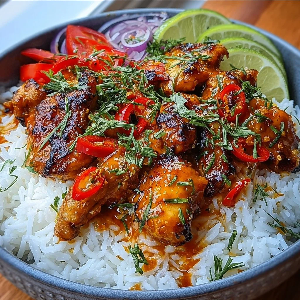 Spicy maple chicken served with coconut rice on a plate