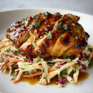 Sticky Apple Cider Chicken served with autumn slaw on a rustic wooden table