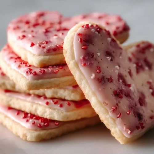 Freshly baked Strawberry Shortbread Cookies on a plate with strawberries