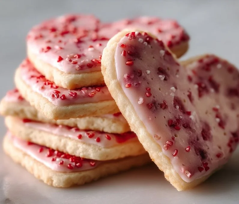 1735855500050-b33rq64b Freshly baked Strawberry Shortbread Cookies on a plate with strawberries