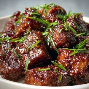 Delicious sweet and sticky steak bites served on a plate