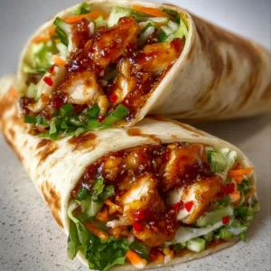 Sweet Chili Chicken Wraps with fresh vegetables and a spicy sauce