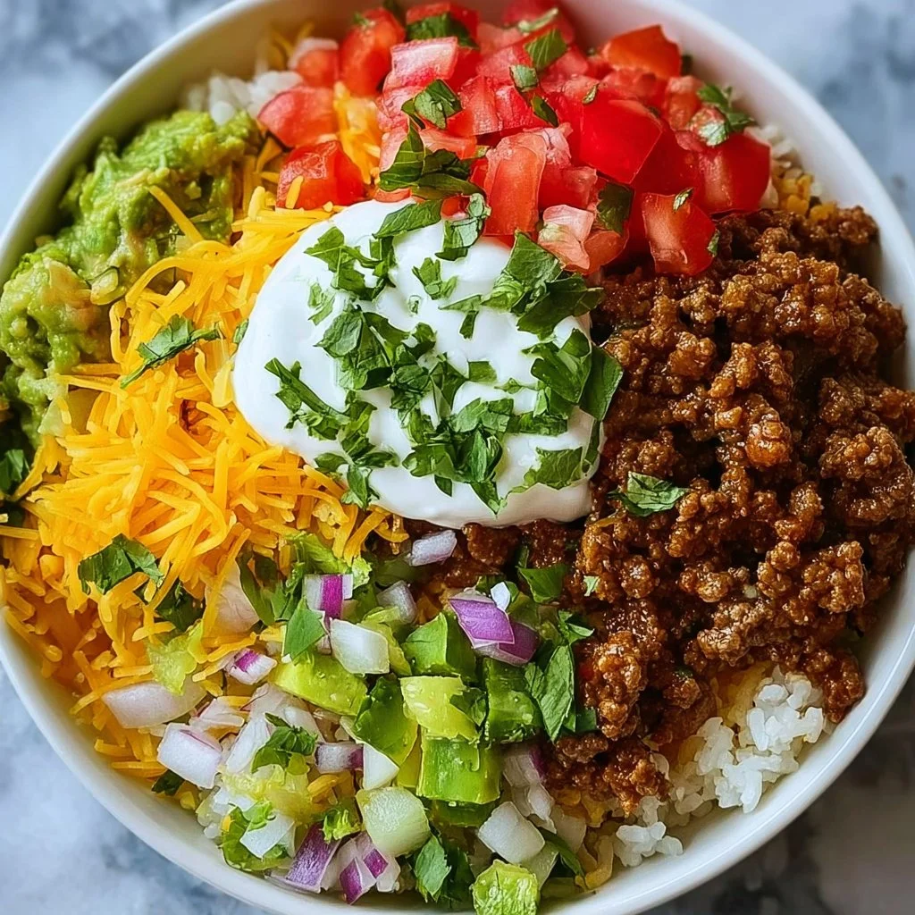 1735855500050-b33rq64b Delicious and vibrant Taco Rice Bowl topped with fresh ingredients.