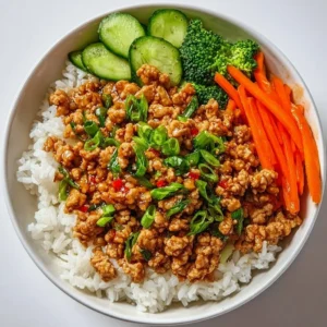 Delicious Teriyaki Ground Turkey Bowl topped with fresh vegetables and rice