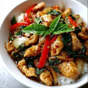 Delicious plate of Thai Basil Chicken served with rice and fresh vegetables