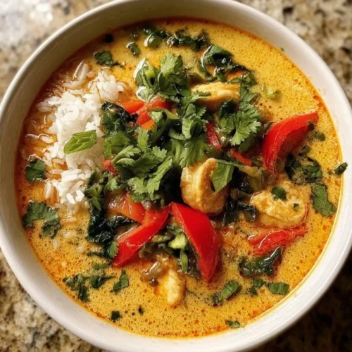 Bowl of Thai Coconut Curry Soup with vegetables and herbs