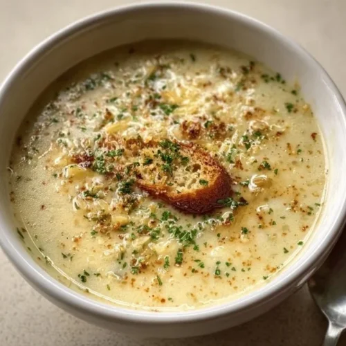 Bowl of traditional country French garlic soup with fresh herbs and bread
