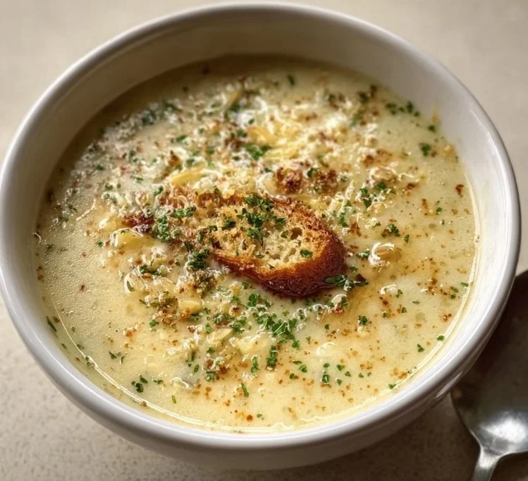 Bowl of traditional country French garlic soup with fresh herbs and bread