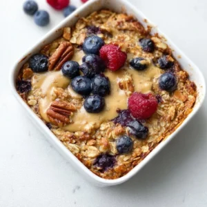 Delicious vegan baked oatmeal topped with fruits and nuts in a baking dish