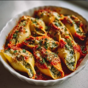 Vegan stuffed shells filled with creamy cheese and topped with marinara sauce