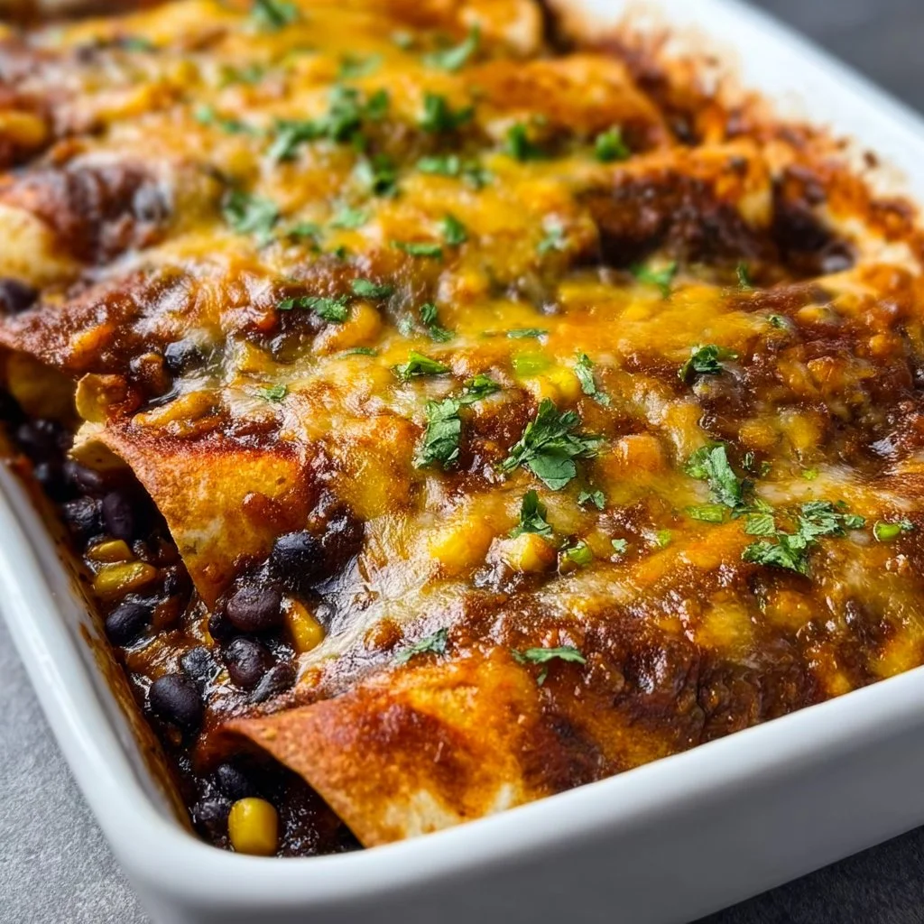 Delicious vegetarian black bean enchiladas topped with cheese and avocado