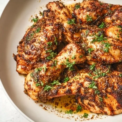 Plate of delicious Za'atar Chicken garnished with herbs
