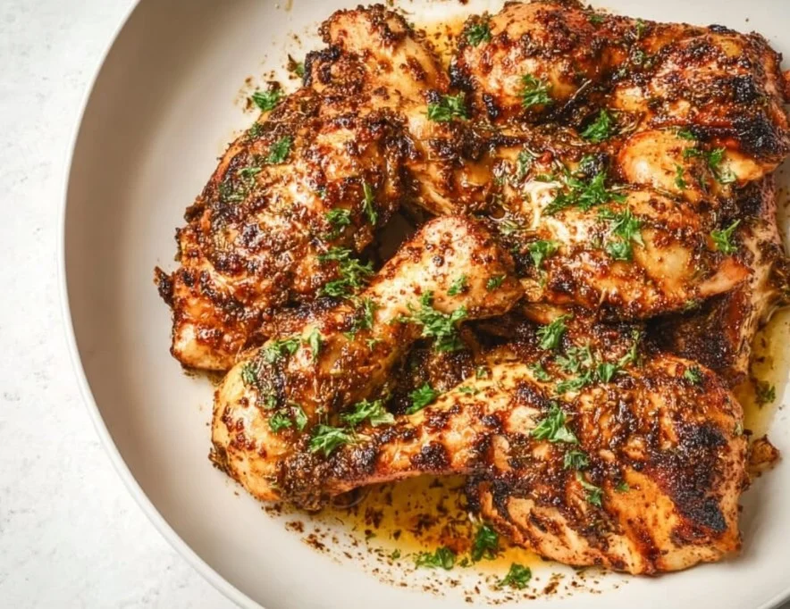 1735855500050-b33rq64b Plate of delicious Za'atar Chicken garnished with herbs