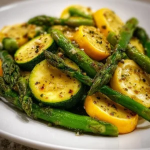 Healthy dish of asparagus with zucchini and squash, showcasing fresh vegetables.
