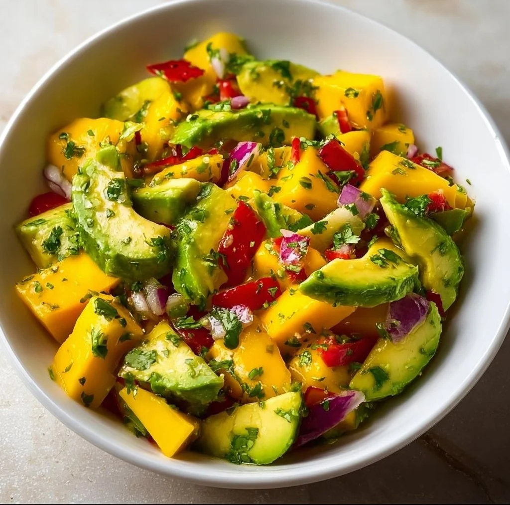Fresh Avocado Mango Salad with Zesty Lime Dressing on a plate