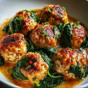Baked chicken ricotta meatballs with spinach on a plate garnished with herbs