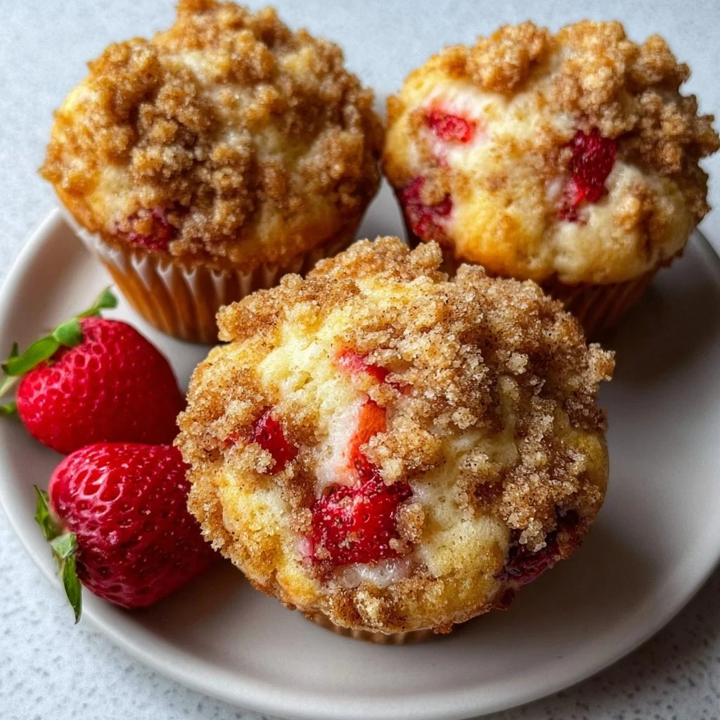 Bakery-style strawberry streusel muffins fresh out of the oven