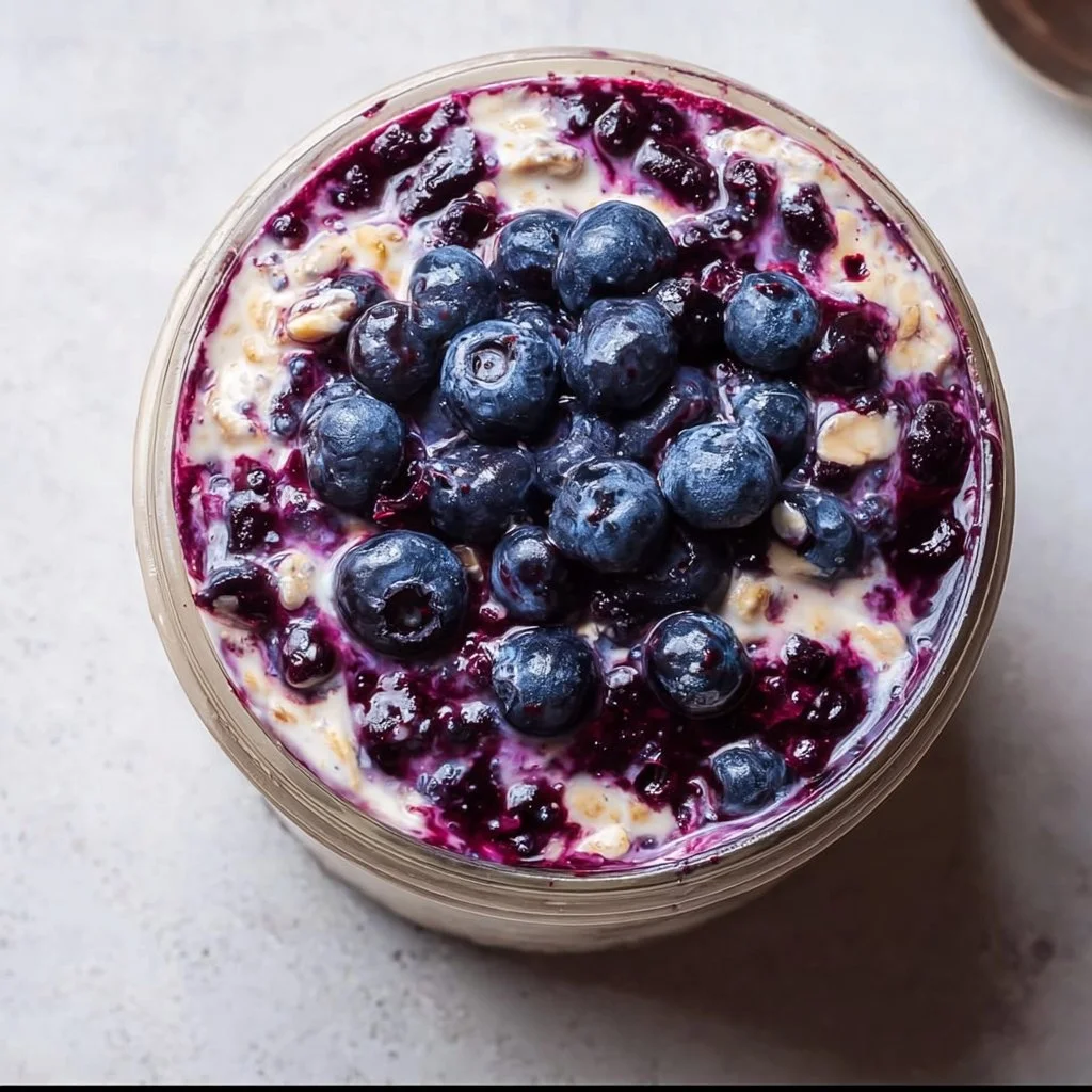 Blueberry pie overnight oats topped with fresh blueberries and cream