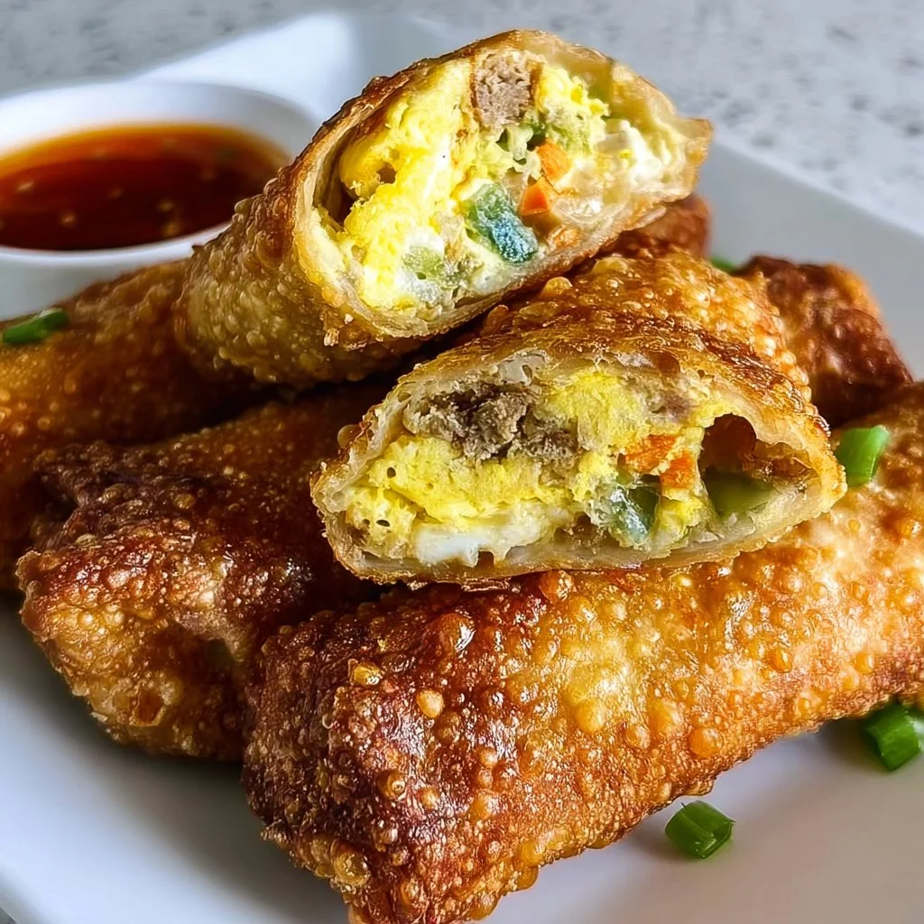 Delicious breakfast egg rolls filled with scrambled eggs and vegetables.