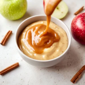 Creamy caramel apple dip served with apple slices for dipping.
