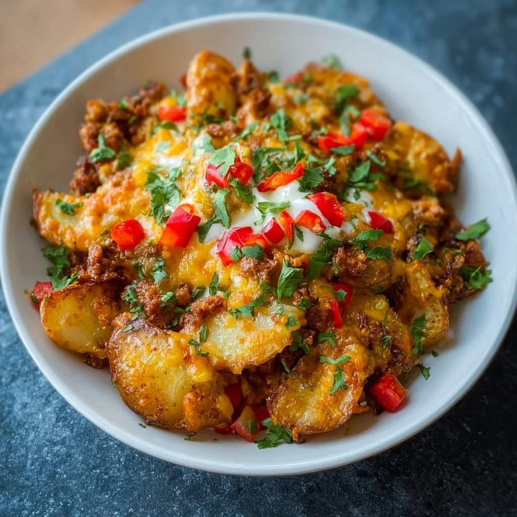 Cheesy taco potatoes dish topped with cheese and herbs