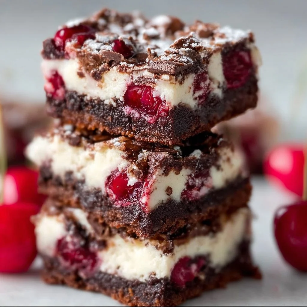 Delicious Cherry Brownie Dream Bars with cherries on top