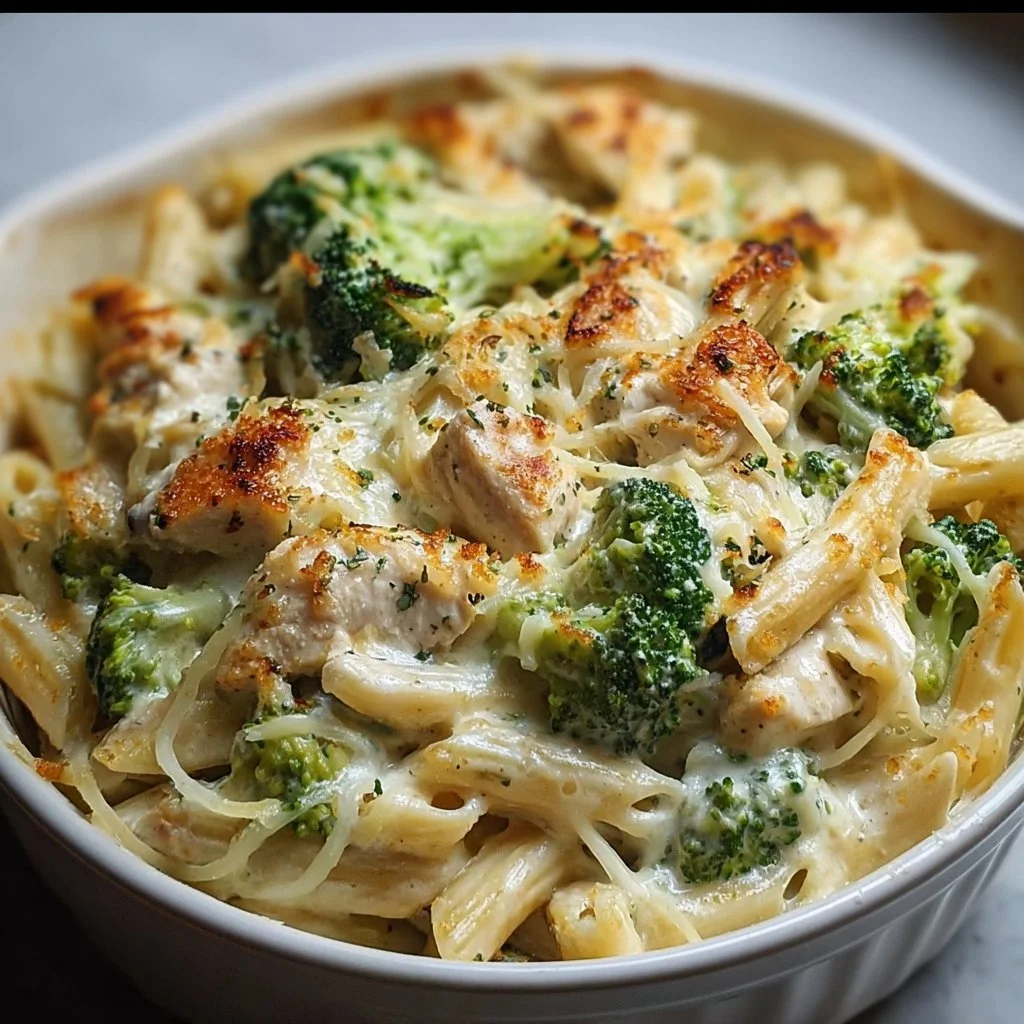 Delicious Chicken and Broccoli Baked Alfredo served in a bowl