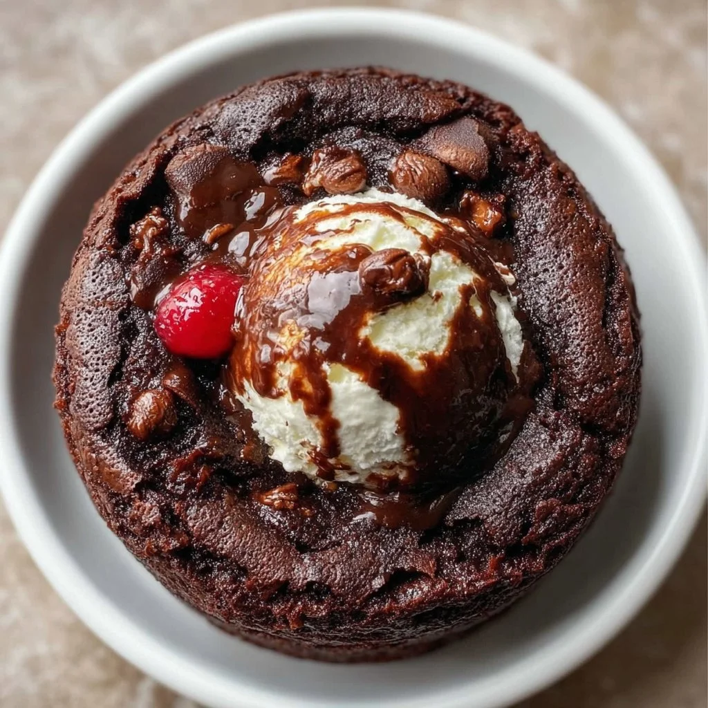 Delicious chocolate brownie bowl topped with chocolate drizzle and berries