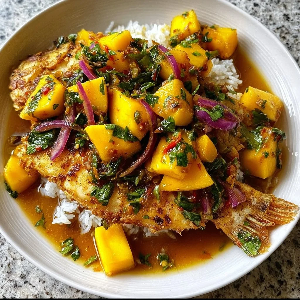 A delicious plate of Coconut Mango Fish garnished with fresh mango and coconut.
