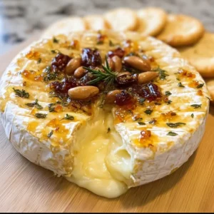 Creamy Crazy Easy Baked Brie topped with nuts and honey on a wooden board.