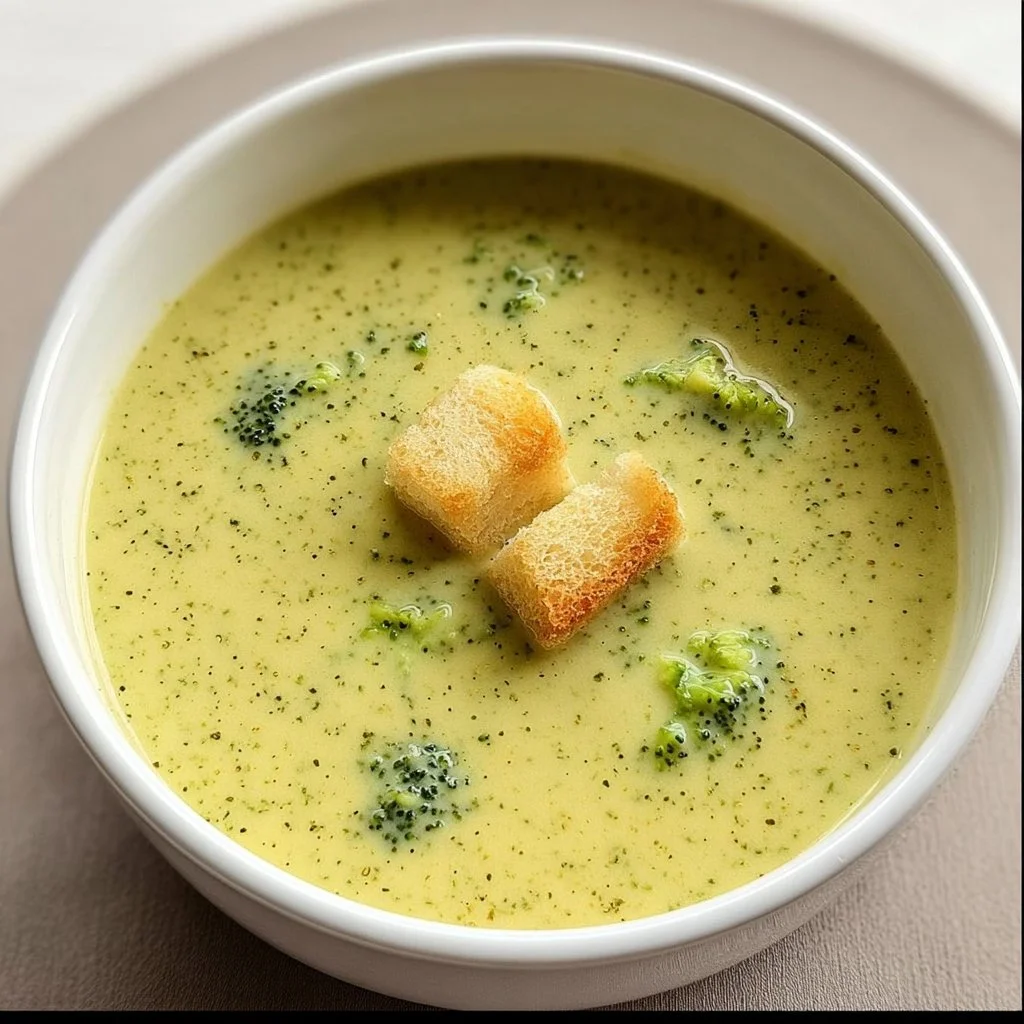 A bowl of creamy broccoli soup garnished with fresh vegetables.