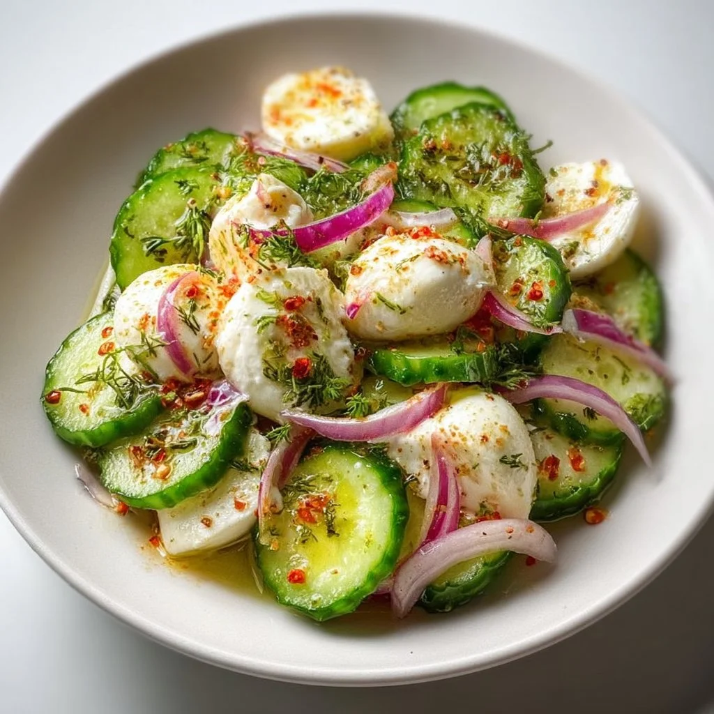 Cucumber Mozzarella Salad with fresh ingredients and vibrant colors