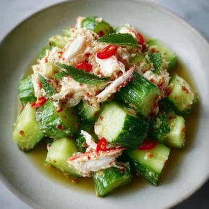 Cucumber salad with crab meat garnished with fresh herbs.