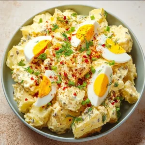 Creamy deviled egg potato salad garnished with herbs in a serving bowl.