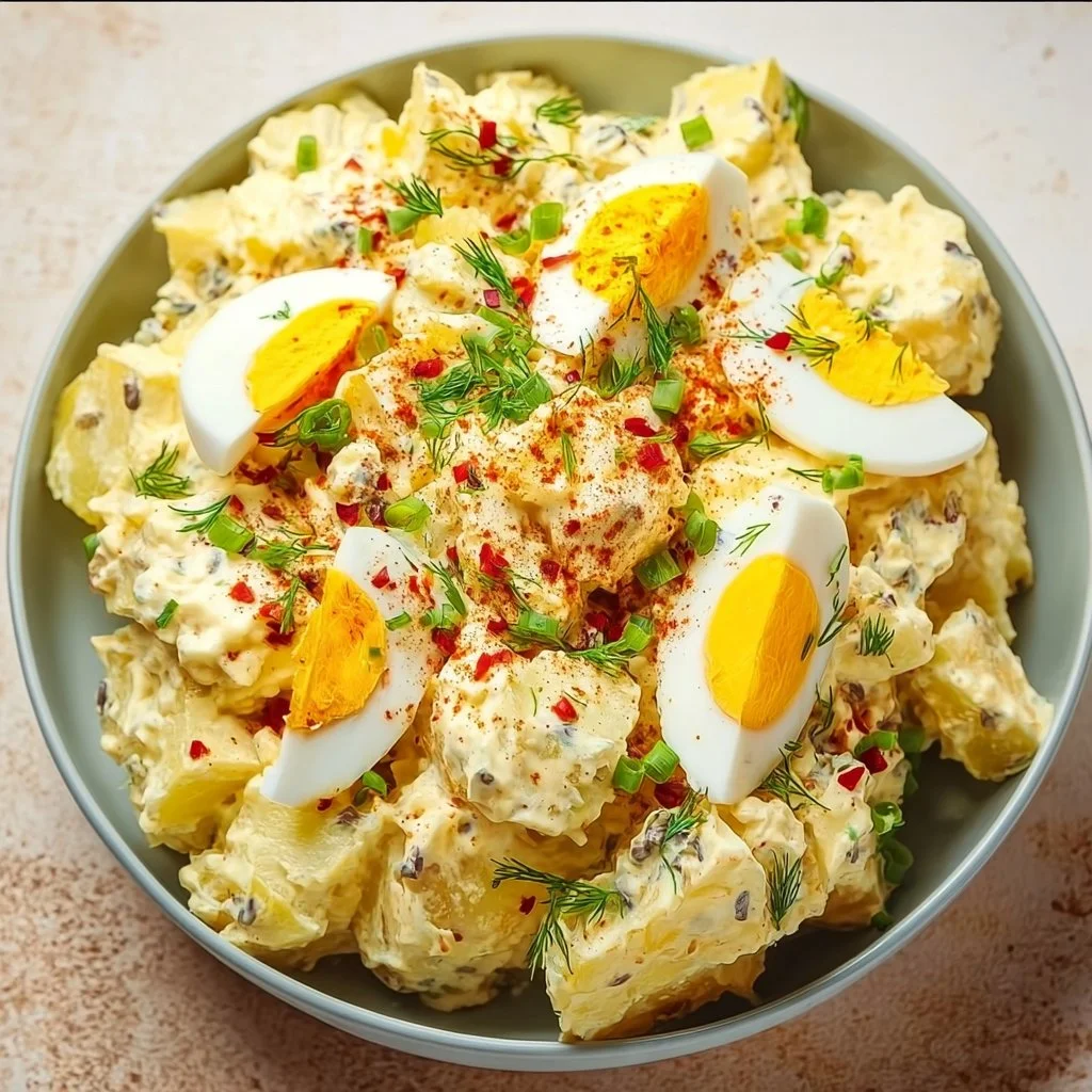 Creamy deviled egg potato salad garnished with herbs in a serving bowl.