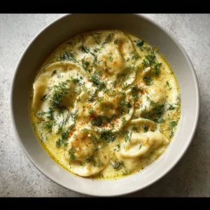 Bowl of dill soup served with pierogi on a wooden table