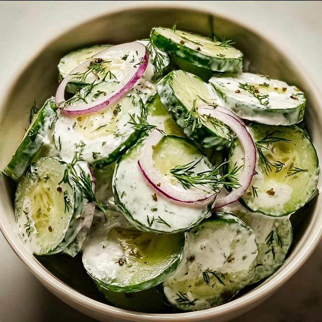 Dill yogurt cucumber salad served in a bowl with fresh ingredients